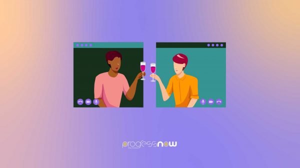 two people cheers wine over zoom in accordnace to social distancing guidelines