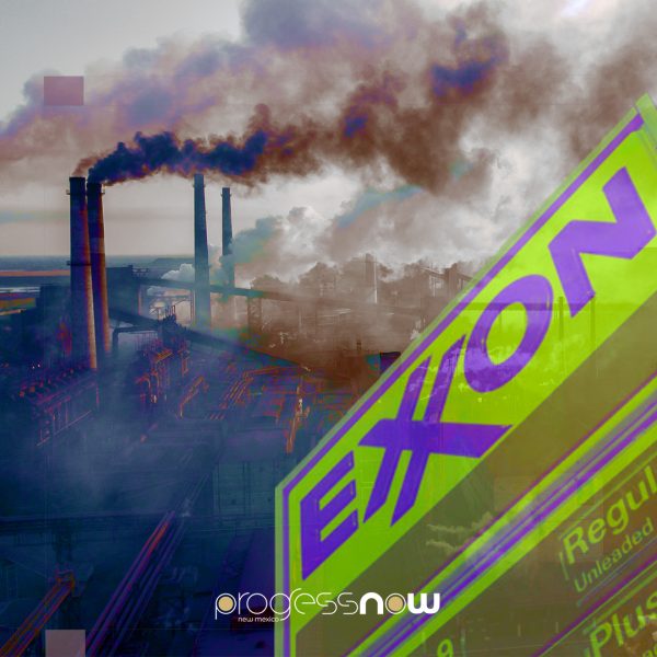 Oil refinery smoke stack with Exxon logo in purple with green background in foreground