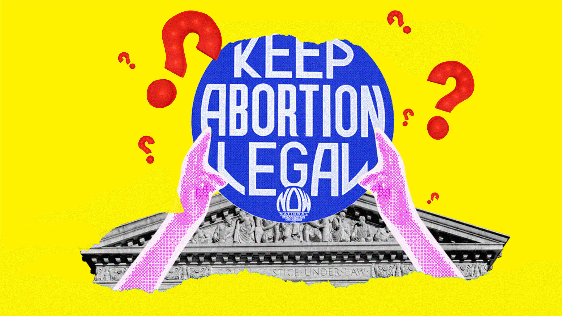 Yellow backgorund and hands holding a globe that reads Keep Abortion Legal surrounded by red question marks.