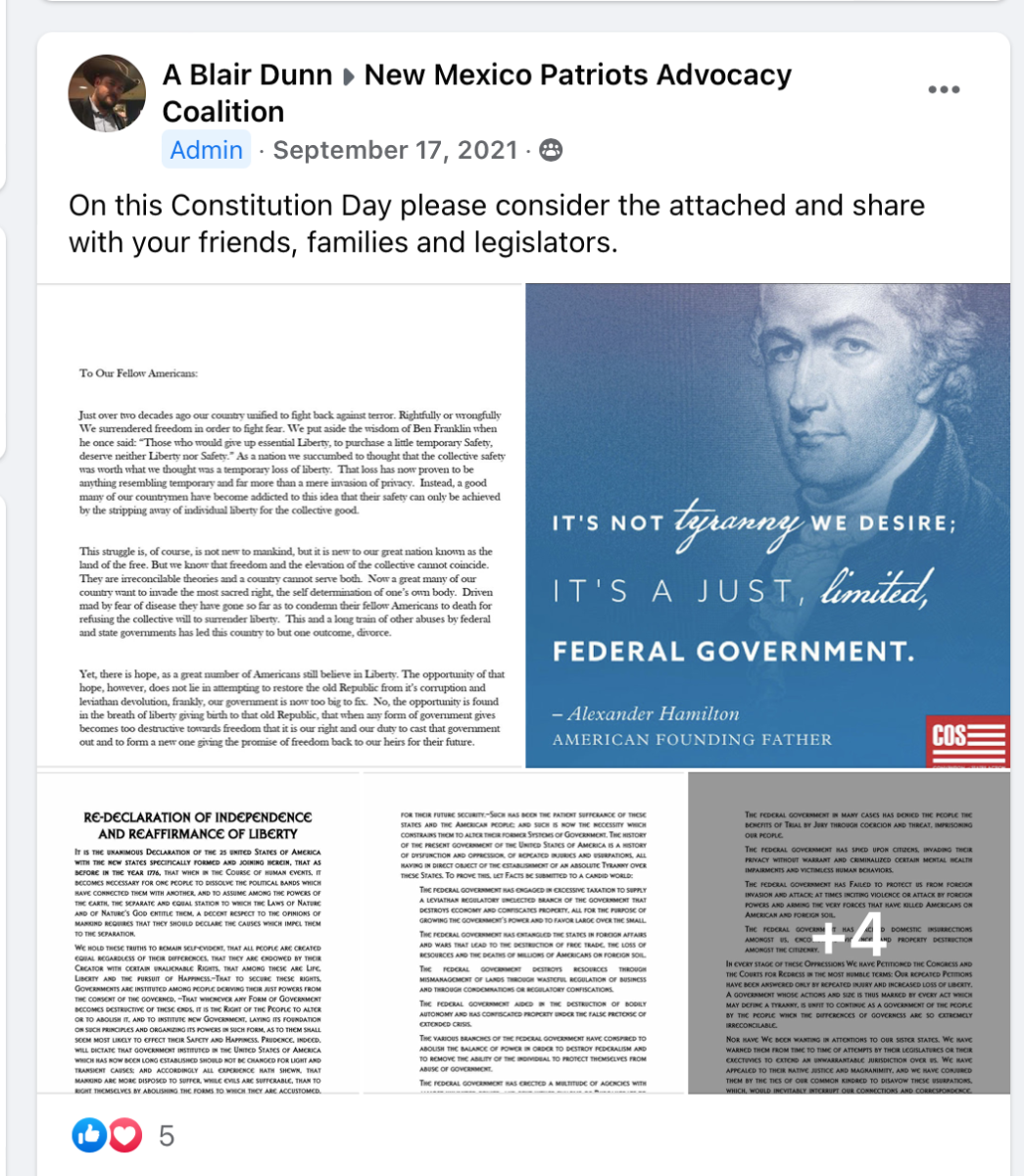 A screen capture of a post in the New Mexico Patriots Facebook page containing a number of images of documents referring to a new constitution for the US.