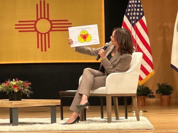 Vice President Kamala Harris in Albuquerque, NM for Oct 2022 Reproductive Justice event at UNM, holding a Venn diagram