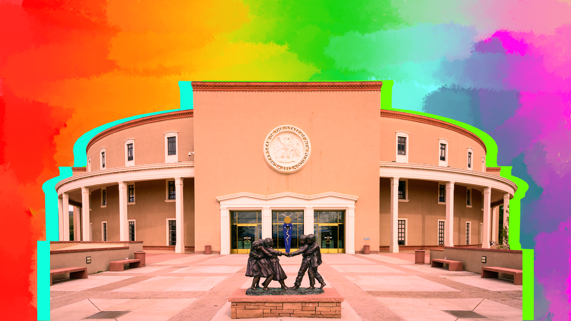 Photo of the NM Roundhouse in Santa Fe with brightly colored rainbow graphic backgrund.