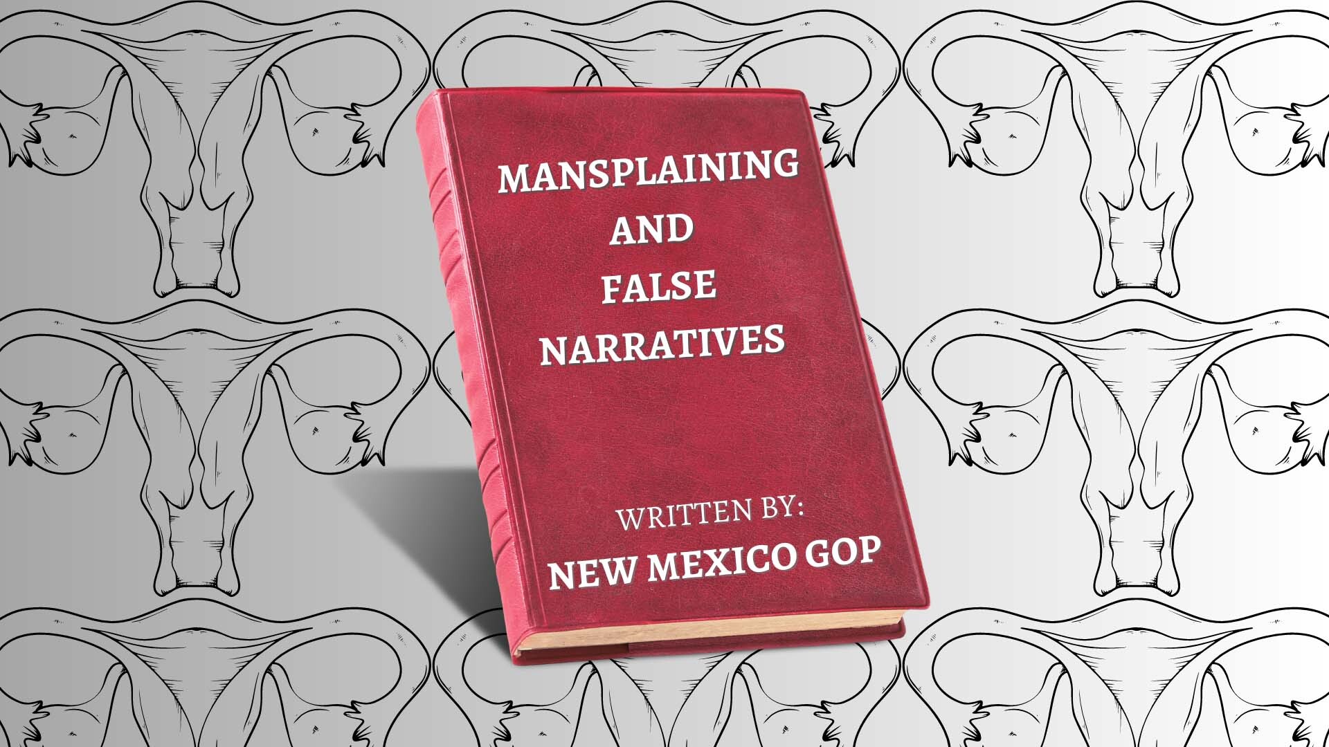 Red book with the title Manspalining and False Narratives, written by the NM GOP. Background is a tiled illustration of uteruses and fallopian tubes.