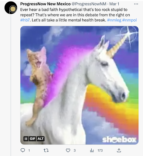 The point where ProgressNow NM's reproductive justice staff took a mental health break while the GOP was spinning false narratives and bad faith arguments. Cat riding a unicorn gif playing alongside.