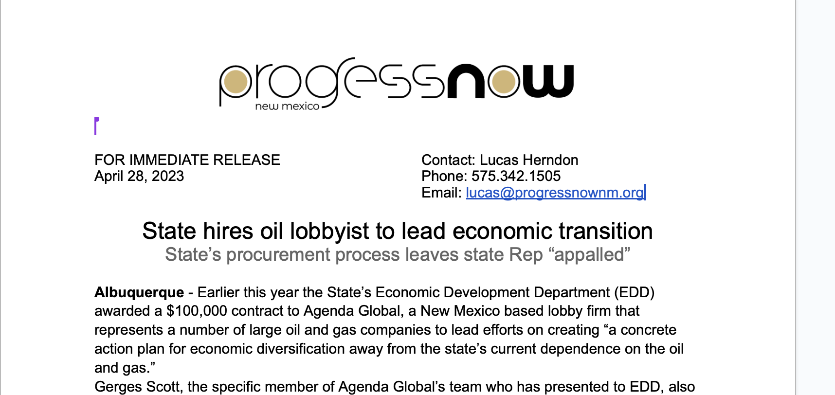 Press Release: State hires oil lobbyist to lead economic transition
