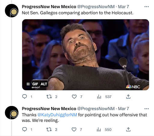 Twitter screencap of Sen Gallegos NMLeg 2023 comparing abortion to the Holocaust; Gif included is Simon Cowell of American Idol leaning back in horror