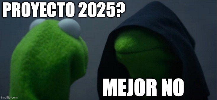 Imagen de un meme popular con Kermit la rana con Kermit mirando la versión "oscura" de sí mismo en el espejo con una capucha. Hay texto blanco sobre que lee Proyecto 2025? Mejor no 