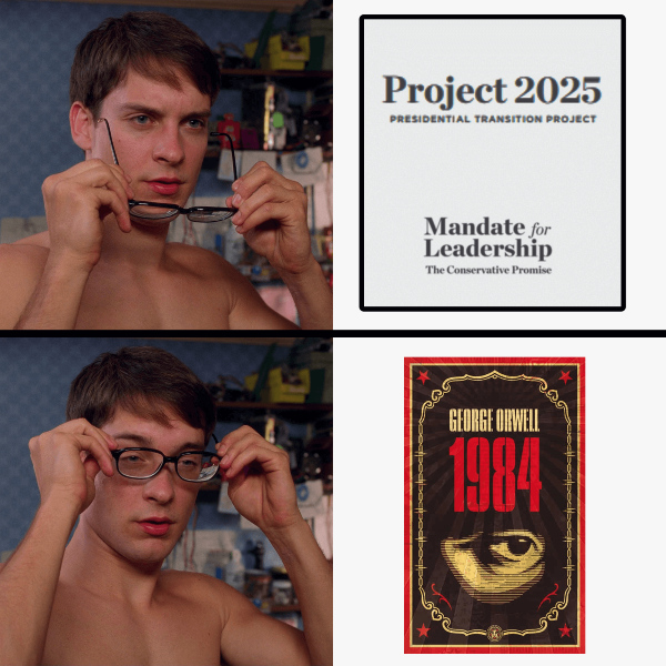 Meme style image in two panels. The top panel has Tobey Maguire as Peter Parker from the Spiderman movies squinting with his eyeglasses pulled down, and to the right there is a cover letter style image that says Project 2025 Presidential Transition Project. 

The bottom panel has him putting his glasses on to reveal that the panel on the right is actually the cover of George Orwell's book 1984. 