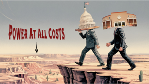 Two politicians, one with a NM Roundhouse head and another with a Capitol Building head walk blindly toward a ravine named "Power at All Costs."