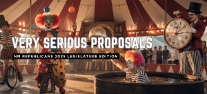 Graphic design image with white text overlay that reads "Very Serious Proposals: NM Republicans 2025 Legislature Edition." In the background is a circus tent, with spectators on the edges and in the middle there are multiple clowns wearing colorful outfits. Two clowns are on a unicycle, one is juggling. In the middle is a clown in a dunk tank wearing a striped shirt and a colorful wig, holding up some sort of crystal ball. On the right is a clown wearing striped pants, a red jacket, a black top hat, and they are holding up a large clock.