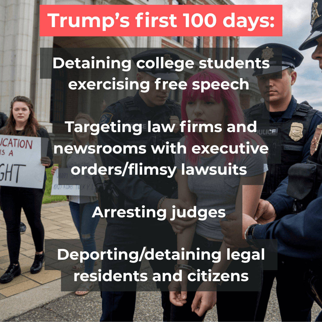 Graphic design image with text overlay. There is a photo in the background of a college student with long pink hair and a gray t-shirt in handcuffs being ushered away from a protest by police officers. Behind the student is a university building with white marble columns, and there are a couple of additional protestors, one holding a sign that's partially cut off but reads "Education is a right." The text overlay says "Detaining college student exercising free speech, targeting law firms and newsrooms with executive orders and flimsy lawsuits, arresting judges, deporting and detaining legal residents and citizens."