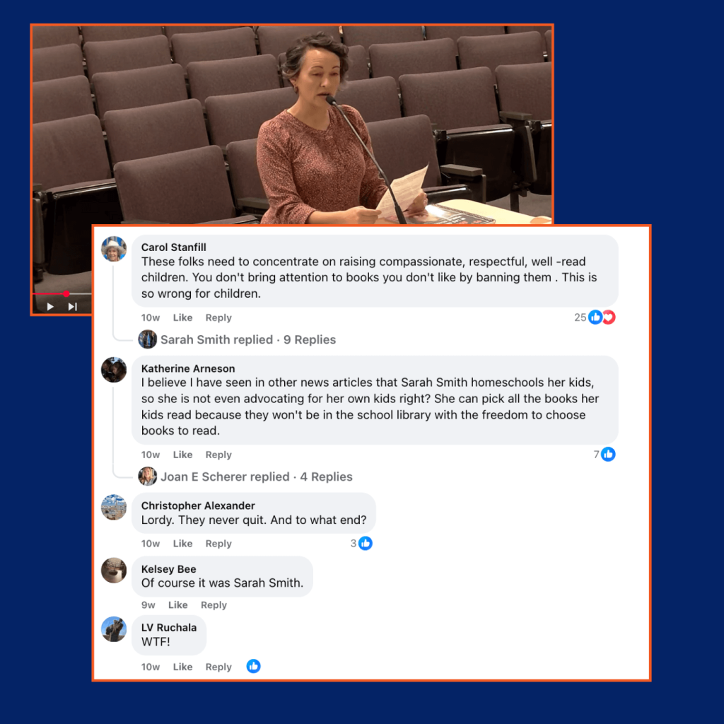 Two screen capture images against a dark blue background. One image is of Las Cruces resident Sarah Smith giving public comment at city council with an empty auditorium behind her. The other, which is below and overlaps slightly, is of the comment section of a Facebook post by a local news publication, where people are responding to an article about book bans. Commentors point out that banning books isn't a good solution and that Sarah Smith homeschools her kids so it's confusing that she is trying to influence what's happening in school libraries.
