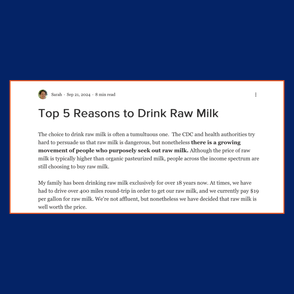 Screen capture of a blog post from Sarah Smith's personal blog, titled Top 5 reasons to drink raw milk.