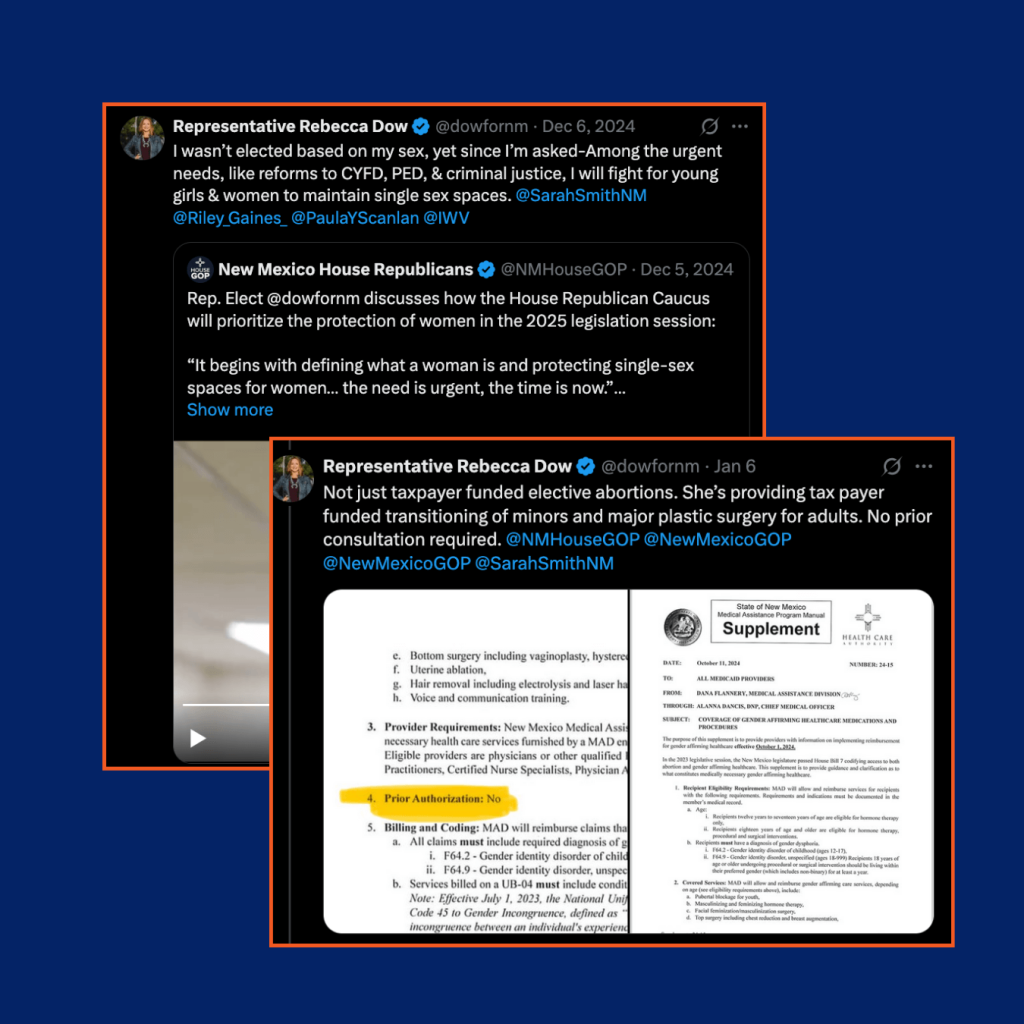 Two tweets by NM House 38 Representative Rebecca Dow, in one she is promoting an anti trans ban, and in another she shares a screen capture of state healthcare policy and offers misleading comments while also tagging the state republican party, the house republican leaders, and Sarah Smith.