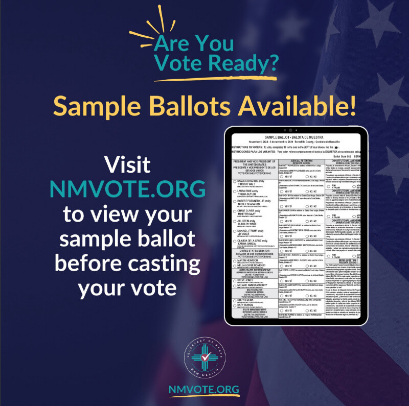 Graphic design image with a dark blue background. At the top in turquoise and golden text it says Are you vote ready? Sample ballots available! Visit NMVote.org to view your sample ballot before casting your vote. There is an image of a paper ballot next to it.
