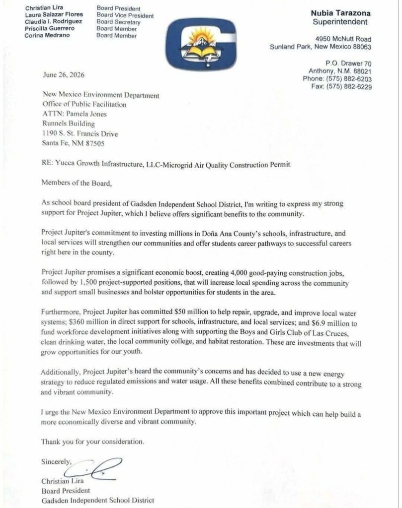 Black text on white background, this is a letter on Gadsden Independent School District letterhead from Christian Lira, the board president, to the New Mexico Environment Department. The text has the same form letter support language as the corporate website that Oracle created, located at ProjectJupiterTogether.com