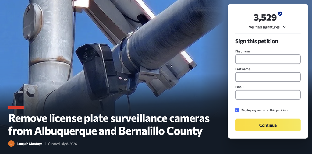 Screen capture image of an online petition. It says 3,529 verified signatures and has a headline reading remove license plate surveillance cameras from albuquerque and bernalillo county. 